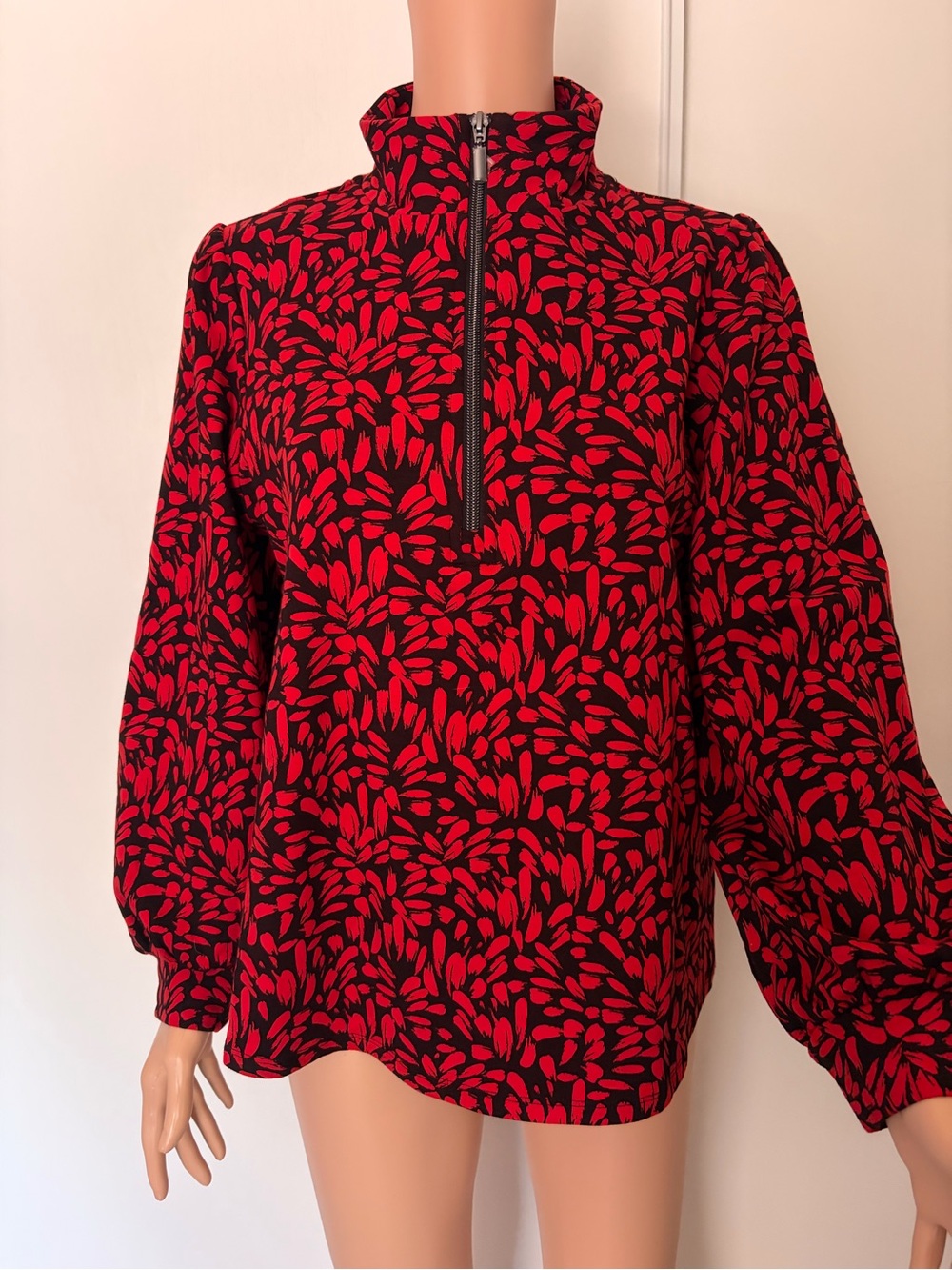 Chico's Red and Black Half-Zip Patterned Pullover